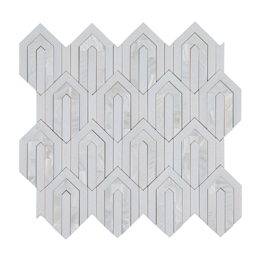 Mini Bolt Marble Waterjet Mosaic Thassos and Mother of Pearl