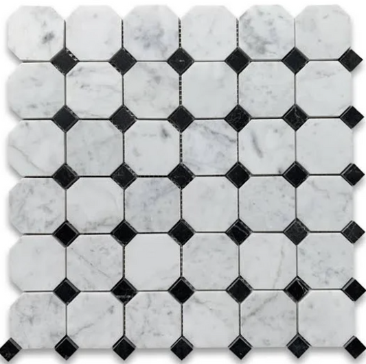 Octagon Carrara White & Nero Marquina Marble Mosaic Polished