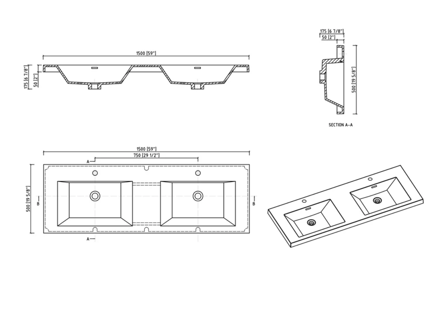 60" V9005 Angela Wall Hung Vanity & Acrylic Double Basins