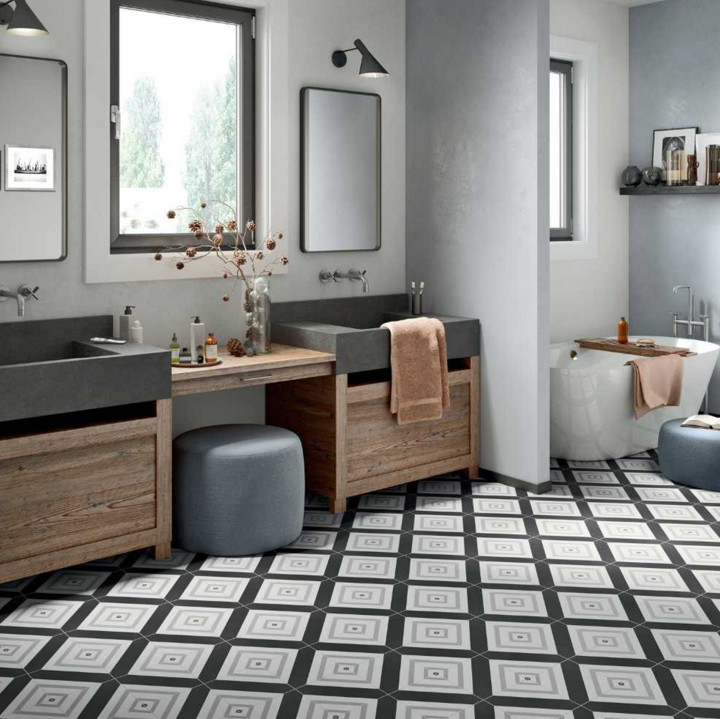 Geometric Black Porcelain Patterned Tile Matte 8"x8"