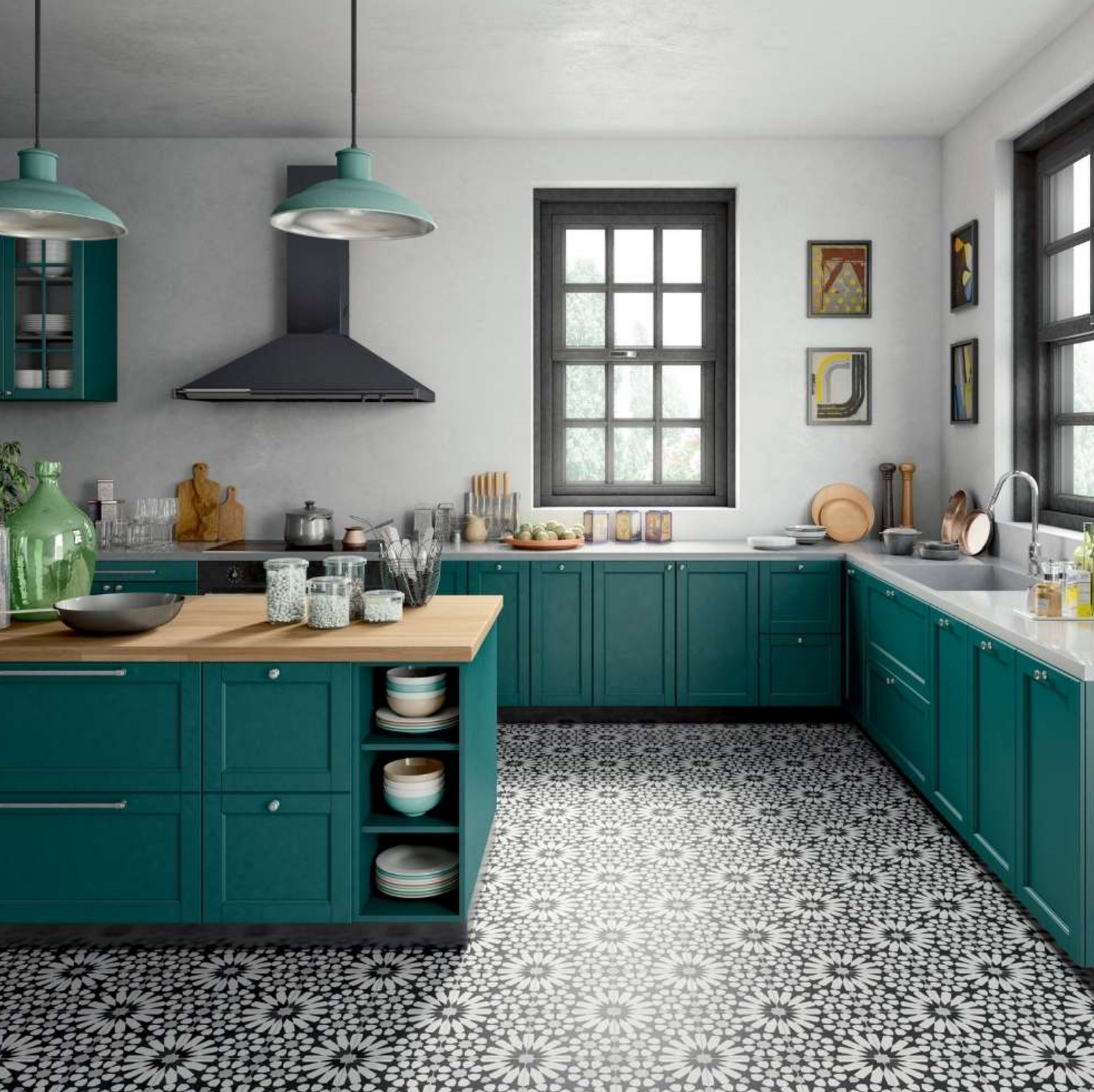 Etna Big Aster Black&White Porcelain Patterned Tile Matte 8"x8"