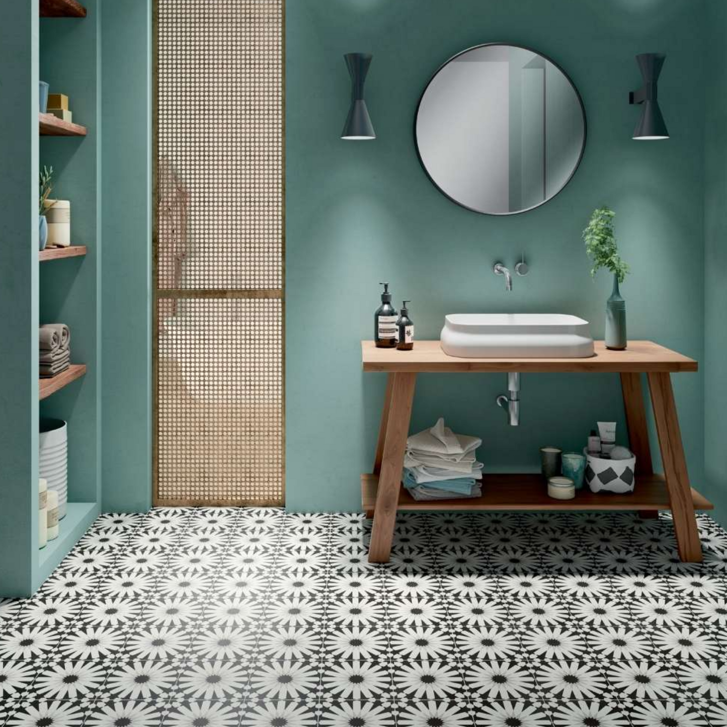 Etna Aster Black&White Porcelain Patterned Tile Matte 8"x8"