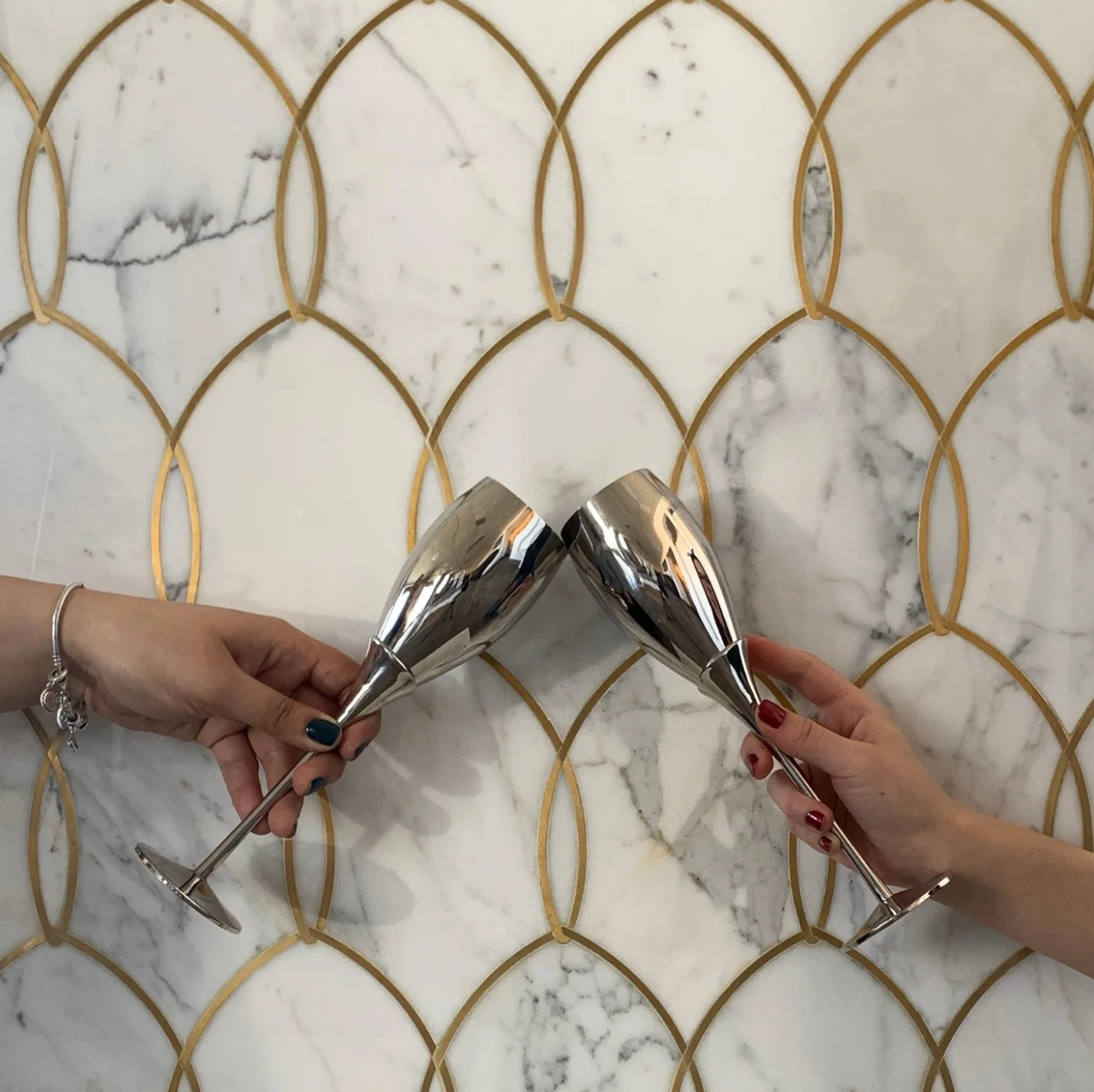 Gentle Marble Waterjet Mosaic Tile Calacatta and Brass