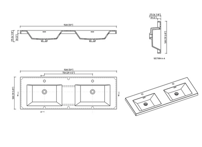 60" V9005 Angela Wall Hung Vanity & Acrylic Double Basins