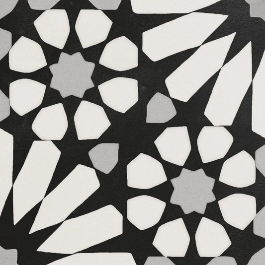 Etna Big Aster Black&White Porcelain Patterned Tile Matte 8"x8"