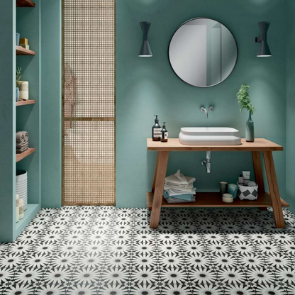 Etna Aster Black&White Porcelain Patterned Tile Matte 8"x8"