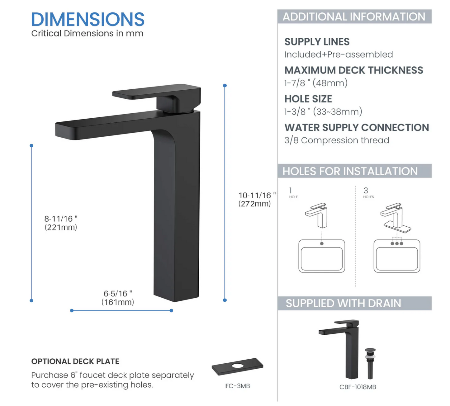 Fusion Single Handle Bathroom Vessel Sink Faucet with Pop Up Drain - CBF-1018